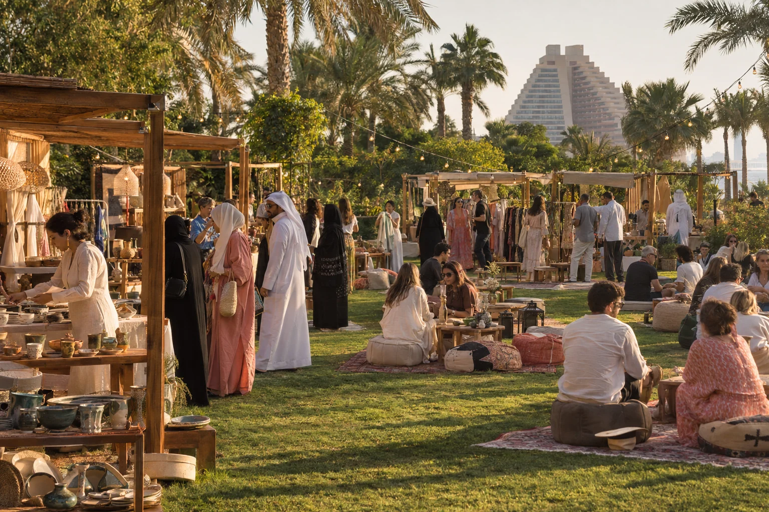 The High Five garden concept: independent stalls, palms and a social lawn with Sheraton Grand Doha in the distance