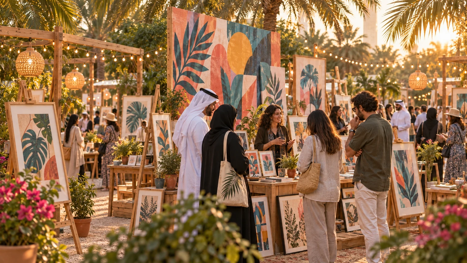 An artist discussing original colourful work with visitors beside the Art Wall