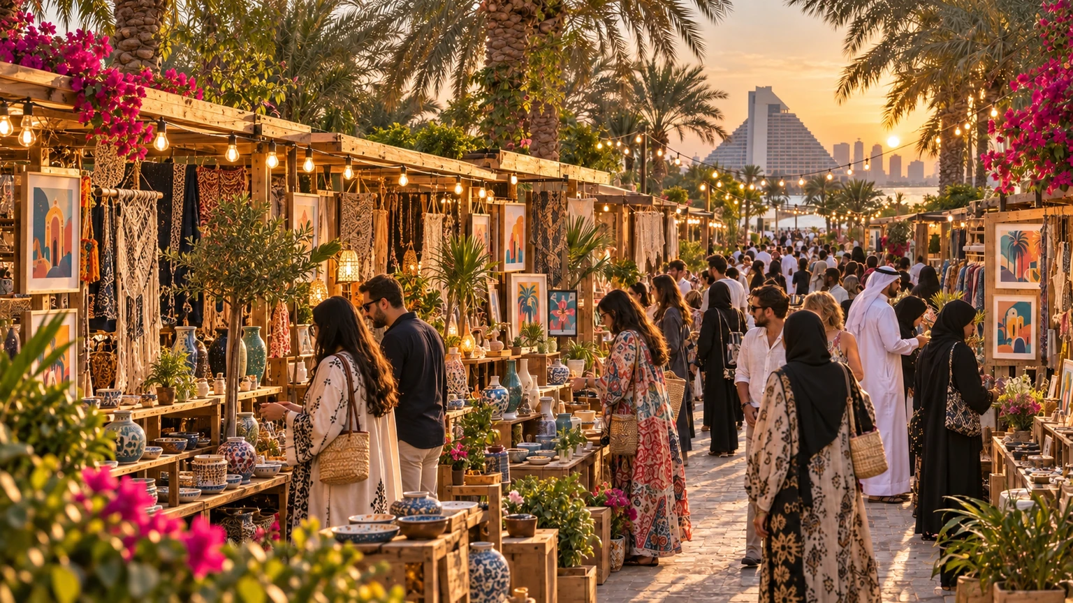 Visitors exploring independent fashion, ceramics and design stalls beneath palms and garden lights