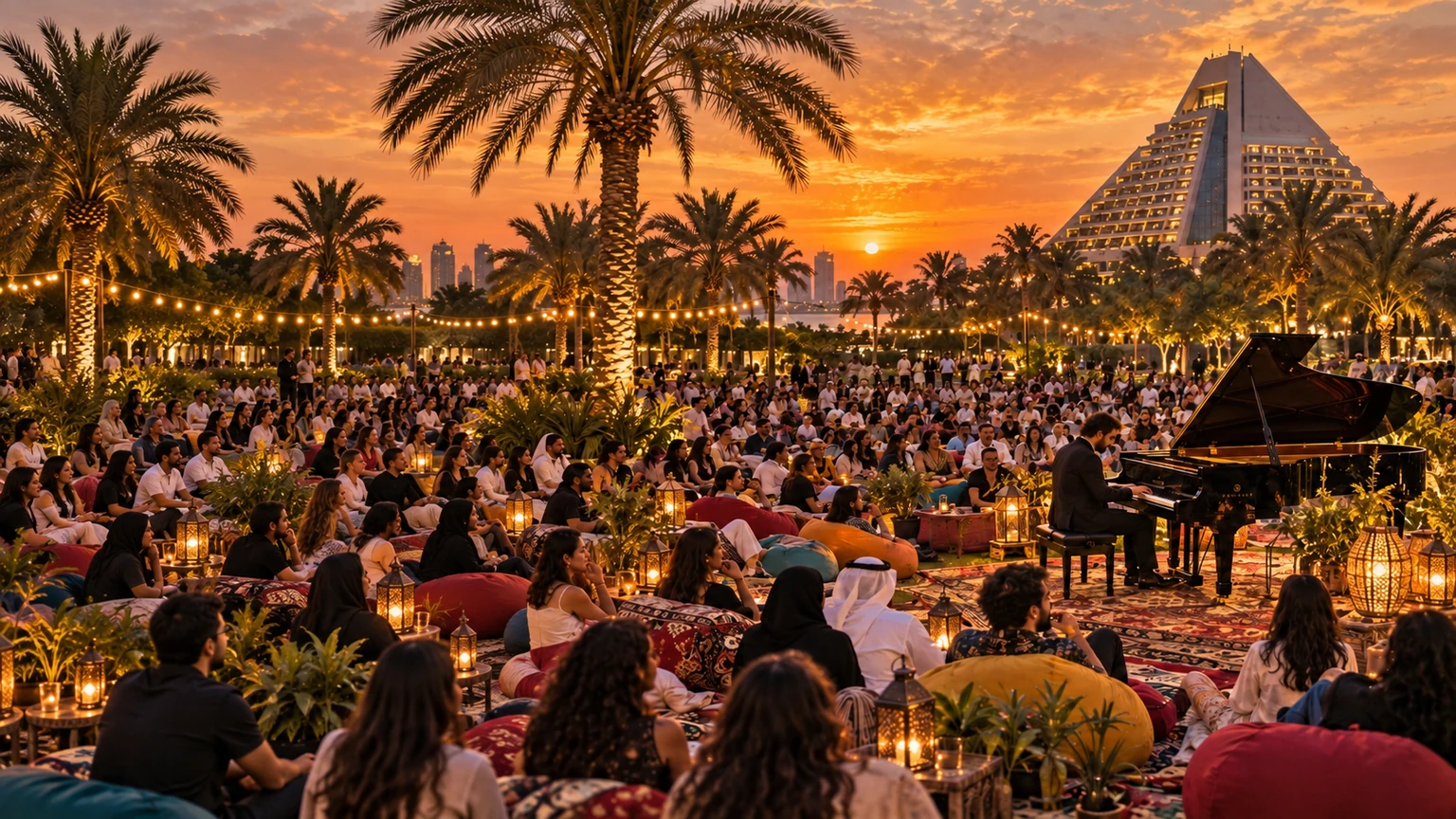 A grand piano surrounded by festival visitors on the garden lawn at sunset, with Sheraton Grand Doha beyond the palms
