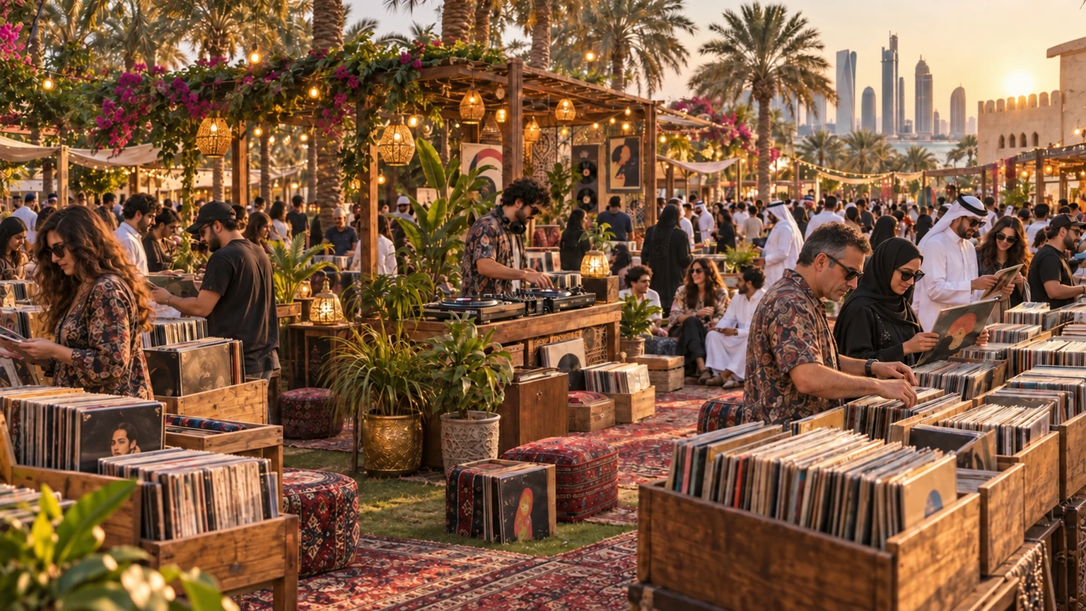Collectors browsing crates of records together under the palms
