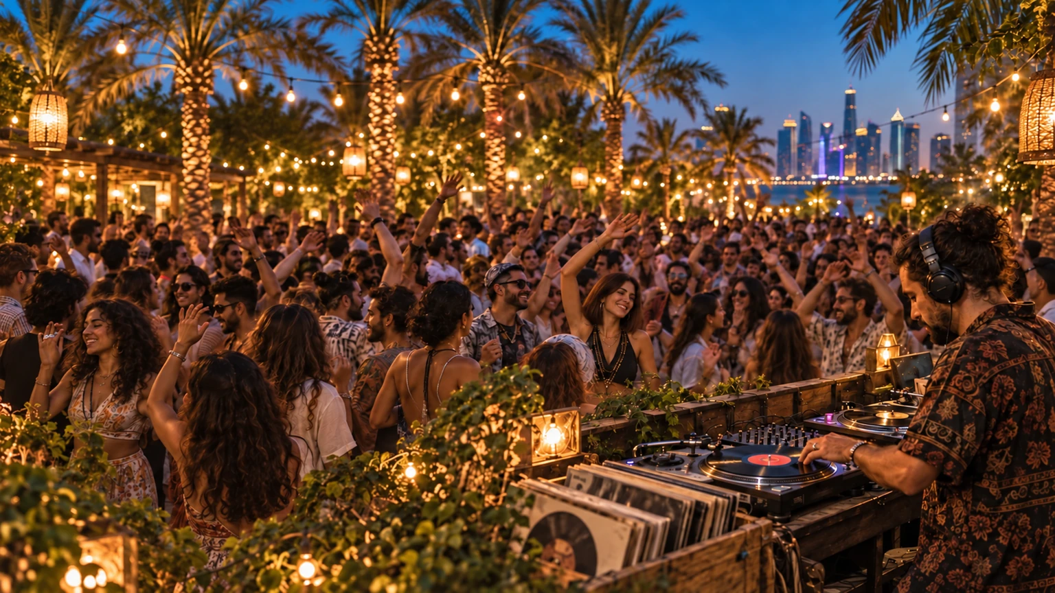 A vinyl DJ playing turntables as a lively festival crowd dances beneath palms and warm garden lights
