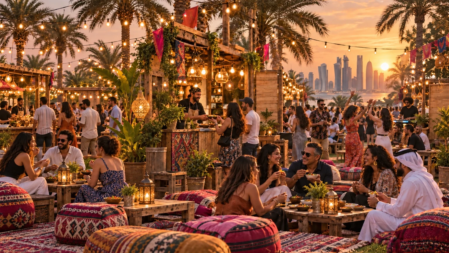 A lively garden food market with independent counters, shared tables and friends enjoying the afternoon